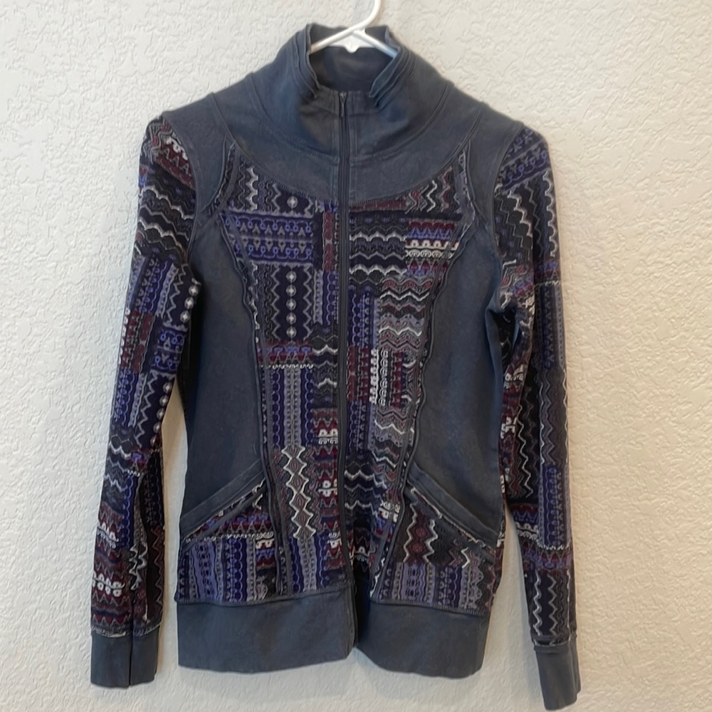 Prana Gray Patterned Zip Front Sweatshirt, Size S… - image 1